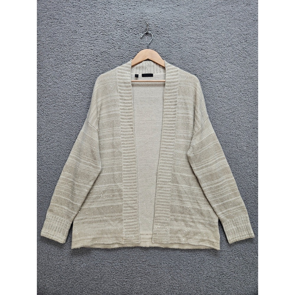 Saks Fifth Avenue Cardigan M Beige Wool Cashmere Sequin Open Front Italian Made